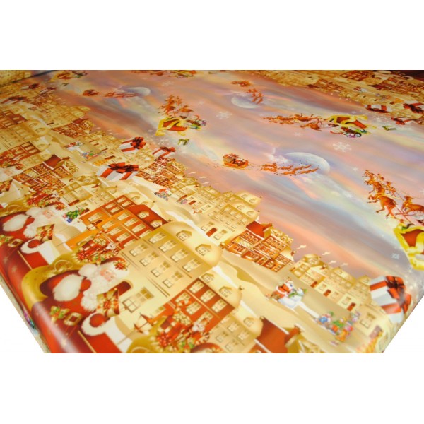 Golden Christmas Scene PVC Vinyl Tablecloth 20 Metres x 140cm