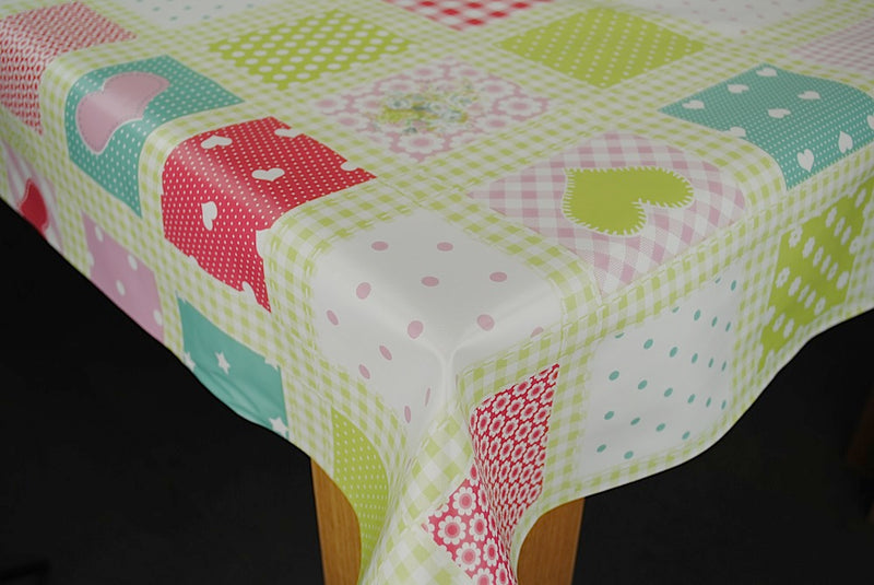 Green and Pink Dotty Heart Patchwork PVC Vinyl Tablecloth Roll 20 Metres x 140cm