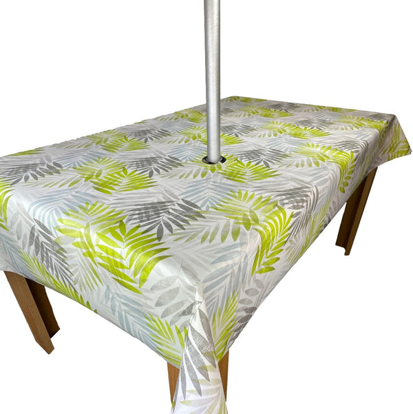 Grey and Green Exotic Palm Leaves Tablecloth with Parasol Hole Wipe Clean Tablecloth Vinyl PVC 200cm x 140cm
