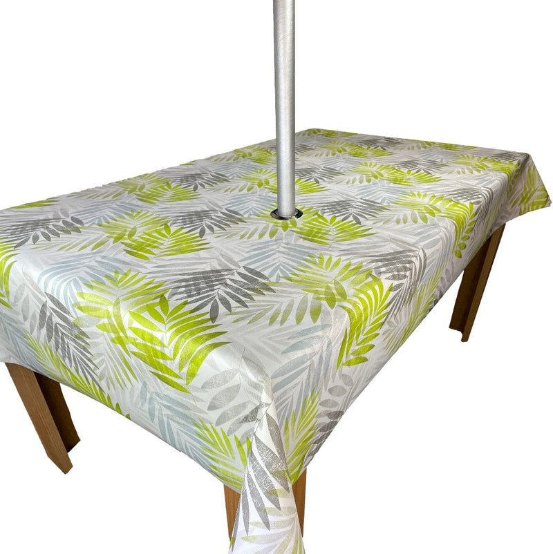 Grey and Green Exotic Palm Leaves Tablecloth with Parasol Hole Wipe Clean Tablecloth Vinyl PVC 250cm x 140cm