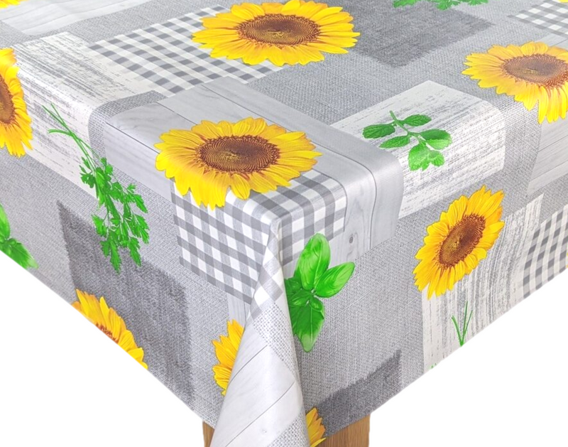 Grey and Yellow Sunflower Vinyl Oilcloth Tablecloth
