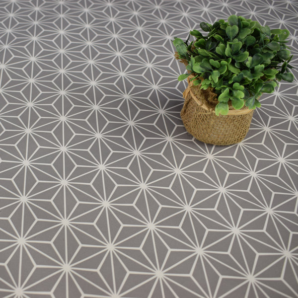 Extra Wide 160cm Round Wipe Clean Tablecloth Vinyl PVC Grey Geometric Triangles
