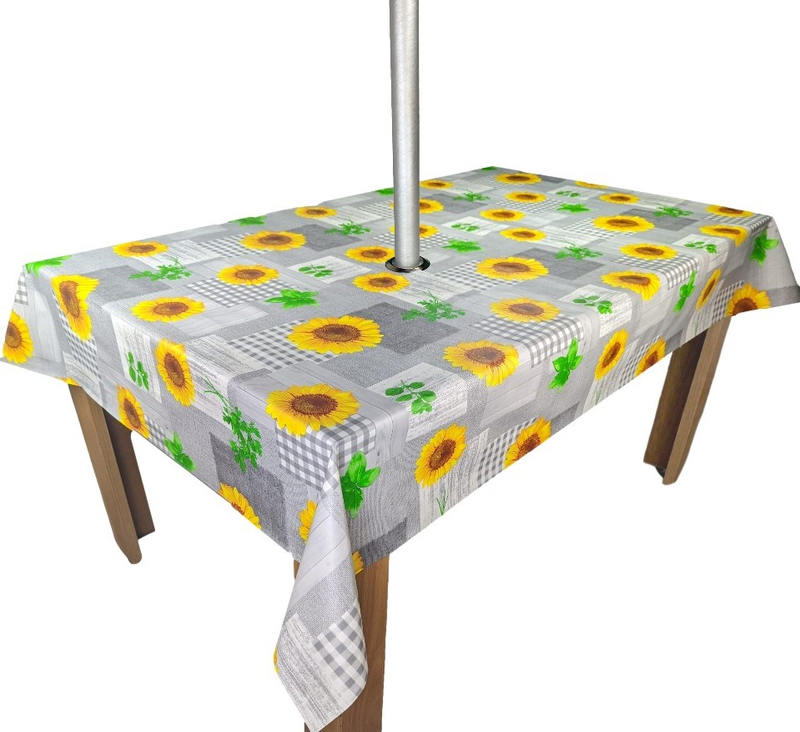 Grey and Yellow Sunflowers Tablecloth with Parasol Hole Wipe Clean Tablecloth Vinyl PVC 200cm x 140cm