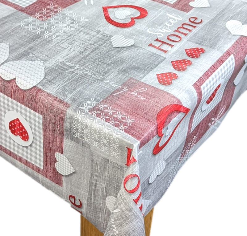 Hearts at Home Red Grey PVC Vinyl Wipe Clean Tablecloth