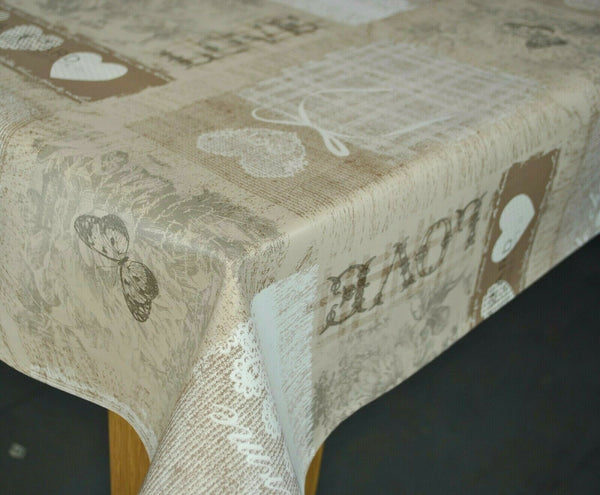 Home Sweet Home Beige and Taupe  PVC Vinyl Tablecloth 20 Metres x 140cm