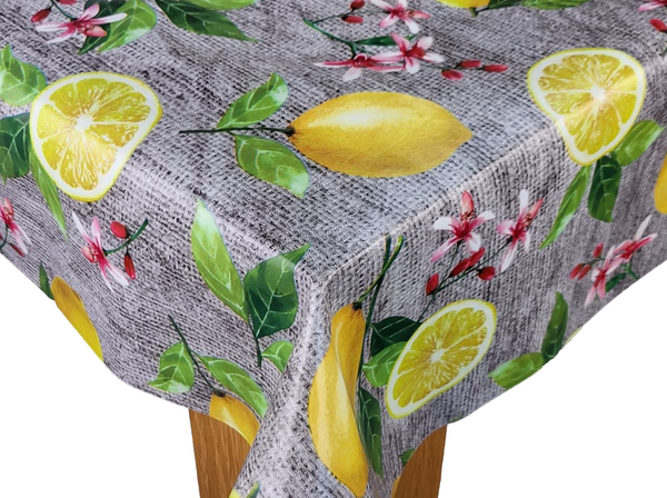 Lemons and Blossom on Hessian Vinyl Tablecloth