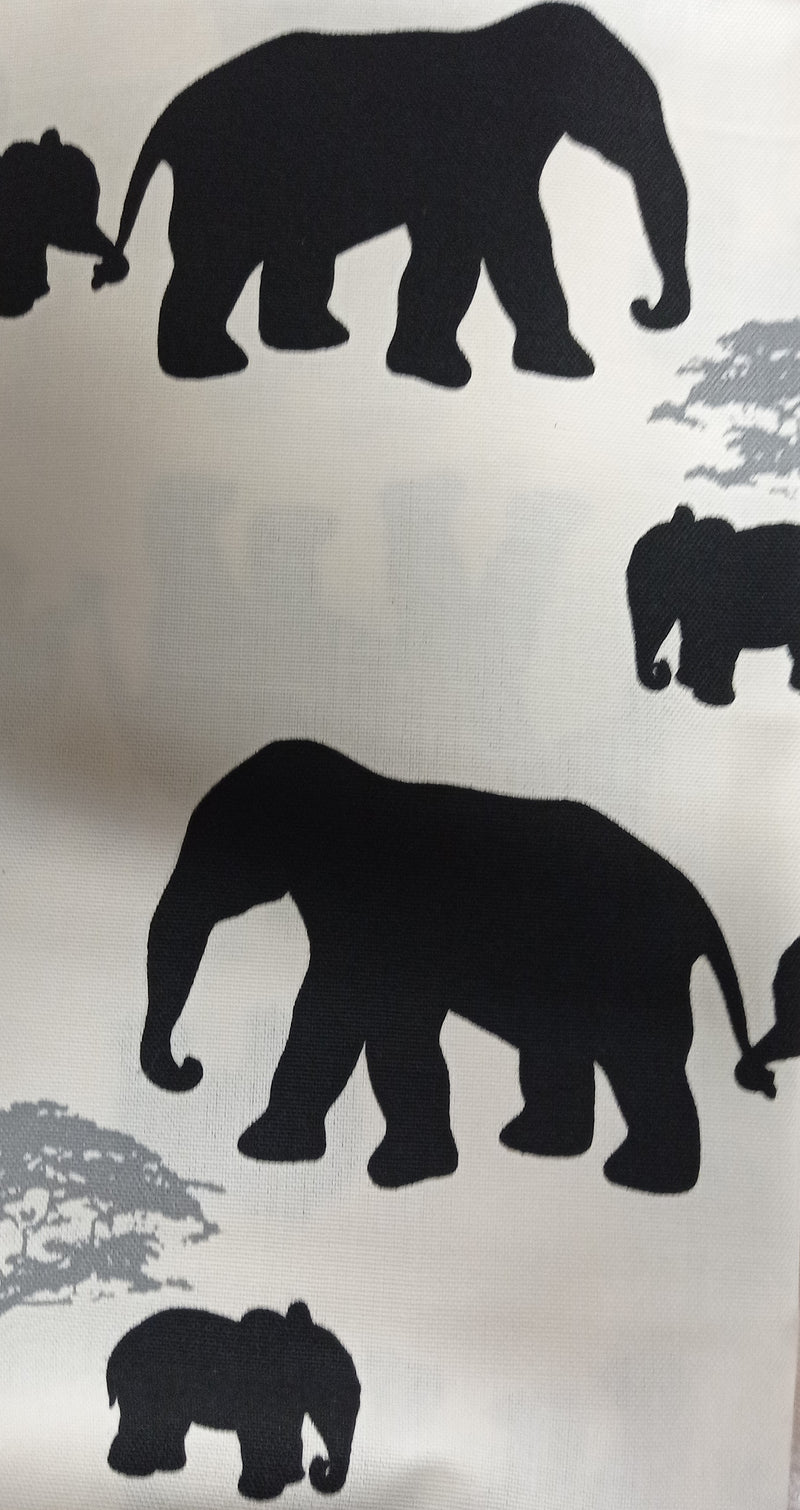 Elephants Black 100% Cotton Fabric by Marson Fabrics 2.4 mts x 140cm. Warehouse Clearance