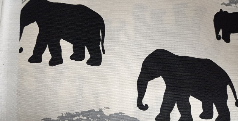 Elephants Black 100% Cotton Fabric by Marson Fabrics 2.4 mts x 140cm. Warehouse Clearance