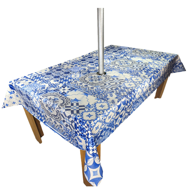 Moroccan Tiles Blue Tablecloth with Parasol Hole Wipe Clean Tablecloth Vinyl PVC 200cm x 140cm