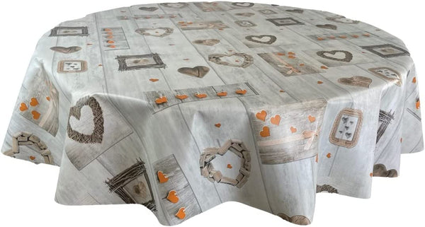 PVC Grey Wood Effect Orange Love Hearts Wipe Clean Tablecloth Vinyl PVC Round