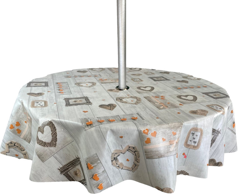 Orange Hearts Grey Wood Effect Tablecloth with Parasol Hole Wipe Clean Tablecloth Vinyl PVC Round 138cm