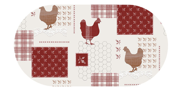 Oval Chickens Squares Red Taupe Wipe Clean PVC Vinyl Tablecloth  200cm x 140cm