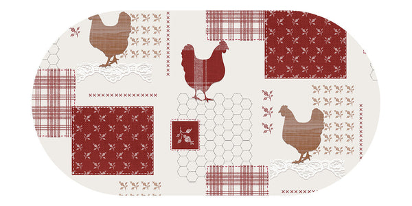 Oval Chickens Squares Red Taupe Wipe Clean PVC Vinyl Tablecloth  180cm x 140cm