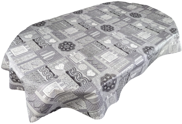 Oval Amelia Grey Hearts Wipe Clean PVC Vinyl Tablecloth 200cm x 140cm