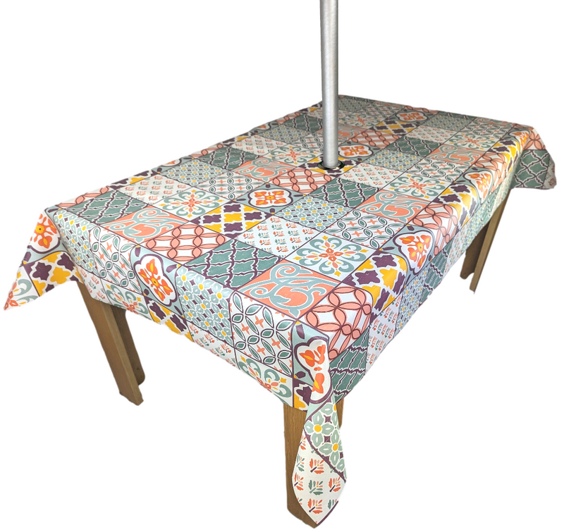 Porto Tiles Multi Tablecloth with Parasol Hole Wipe Clean Tablecloth Vinyl PVC 140cm x 140cm