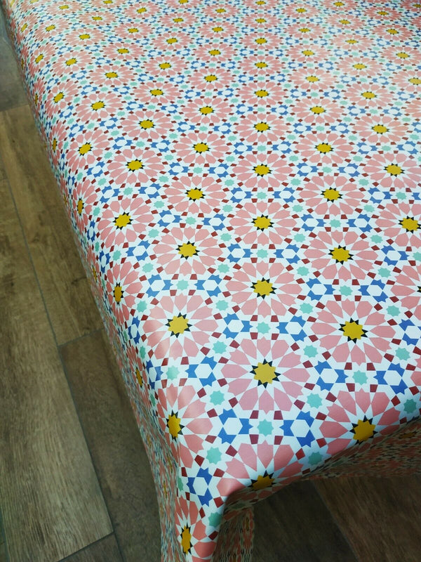 Pink Flower Geometric Pattern Vinyl Tablecloth