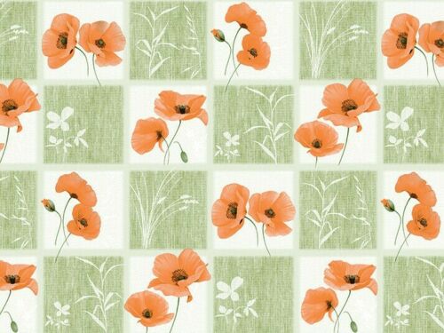 Poppy and Green Leaf Squares Vinyl Oilcloth Tablecloth