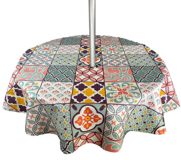 Porto Rustic Tiles Multi Tablecloth with Parasol Hole Wipe Clean Tablecloth Vinyl PVC Round 138cm