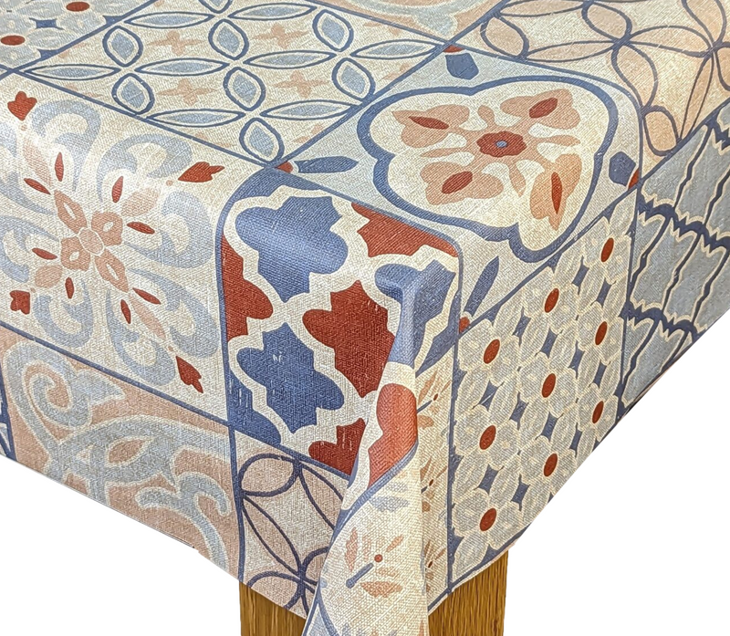 Porto Tiles Chambray Blush Rustic Vinyl Oilcloth Tablecloth
