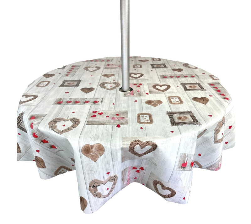 Red Hearts Grey Wood Effect Tablecloth with Parasol Hole Wipe Clean Tablecloth Vinyl PVC Round 138cm