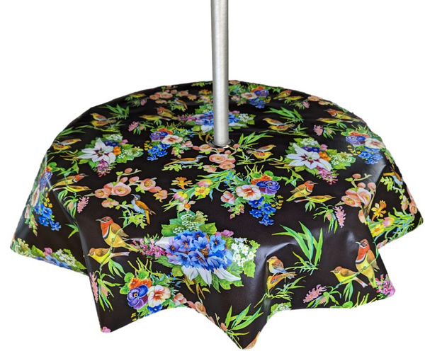 Bright Garden Flowers and Birds Black Tablecloth with Parasol Hole Wipe Clean Tablecloth Vinyl PVC Round 138cm