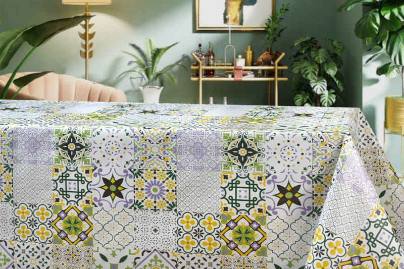 Spanish Tiles Lilac and Green Vinyl Oilcloth Tablecloth