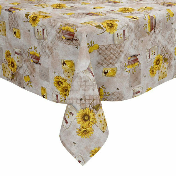 Sunflower Lemon Jug Bowl Taupe Vinyl Oilcloth Tablecloth