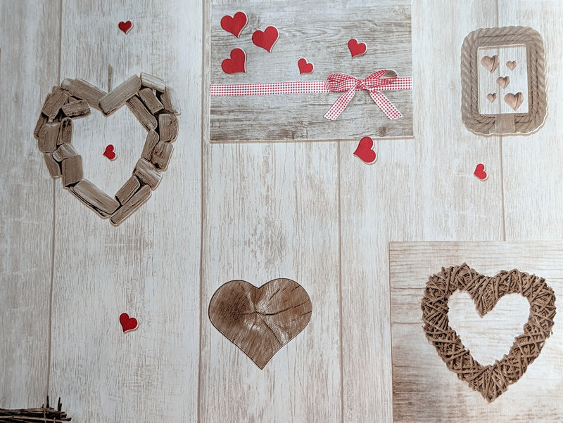 Taupe Wood Effect with Red Love Hearts Vinyl Oilcloth Tablecloth