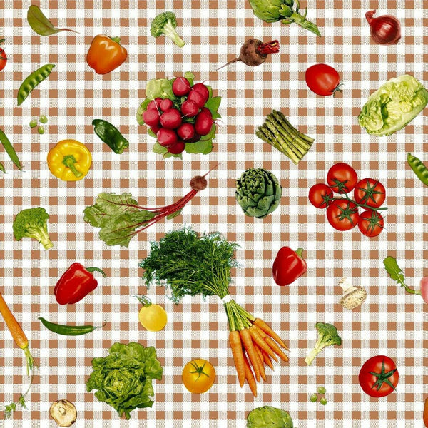 Vegetable Mix on Taupe Gingham Vinyl Oilcloth Tablecloth
