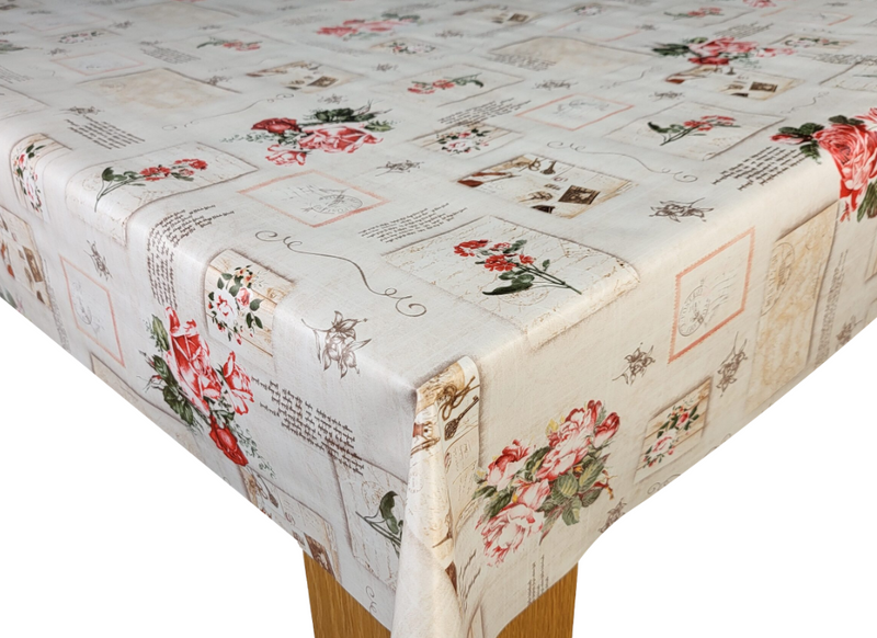 Vintage Shabby Rose Beige Vinyl Oilcloth Tablecloth
