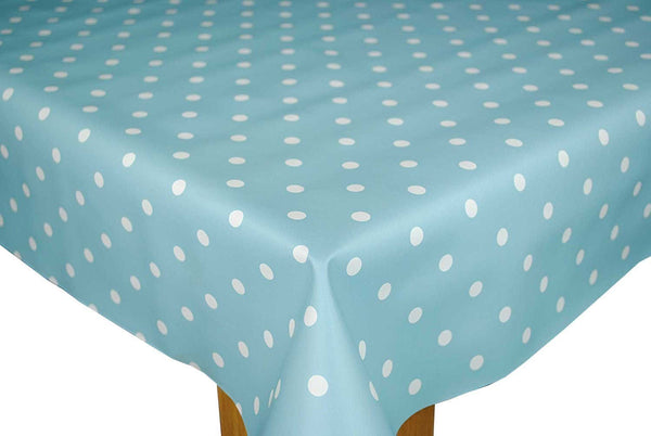 Duckegg Blue Polka Dot Wider Width PVC Vinyl Oilcloth Tablecloth 180cm wide